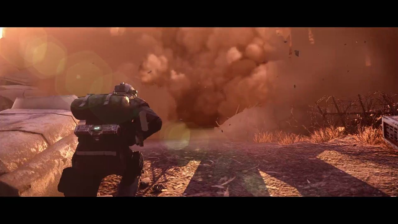 Trailer still of a soldier on the ground while the battle continues