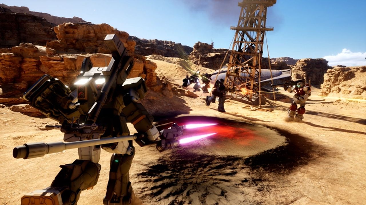 Key art still: a desert fight with a mobile suit and infantry
